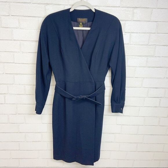 Vintage Premier 80's Wool Wrap Dress w/ Belt S17 - Picture 2 of 8